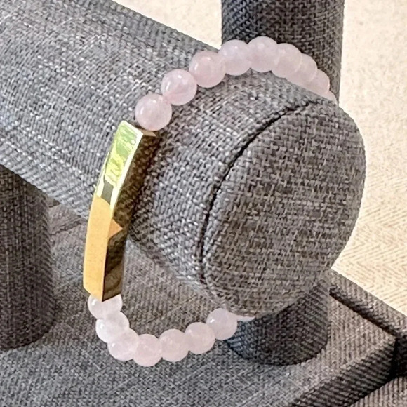 Pink Rose Quartz Beaded 18k PVD Stainless Steel Bar Stretch Bracelet Waterproof - Picture 3 of 5